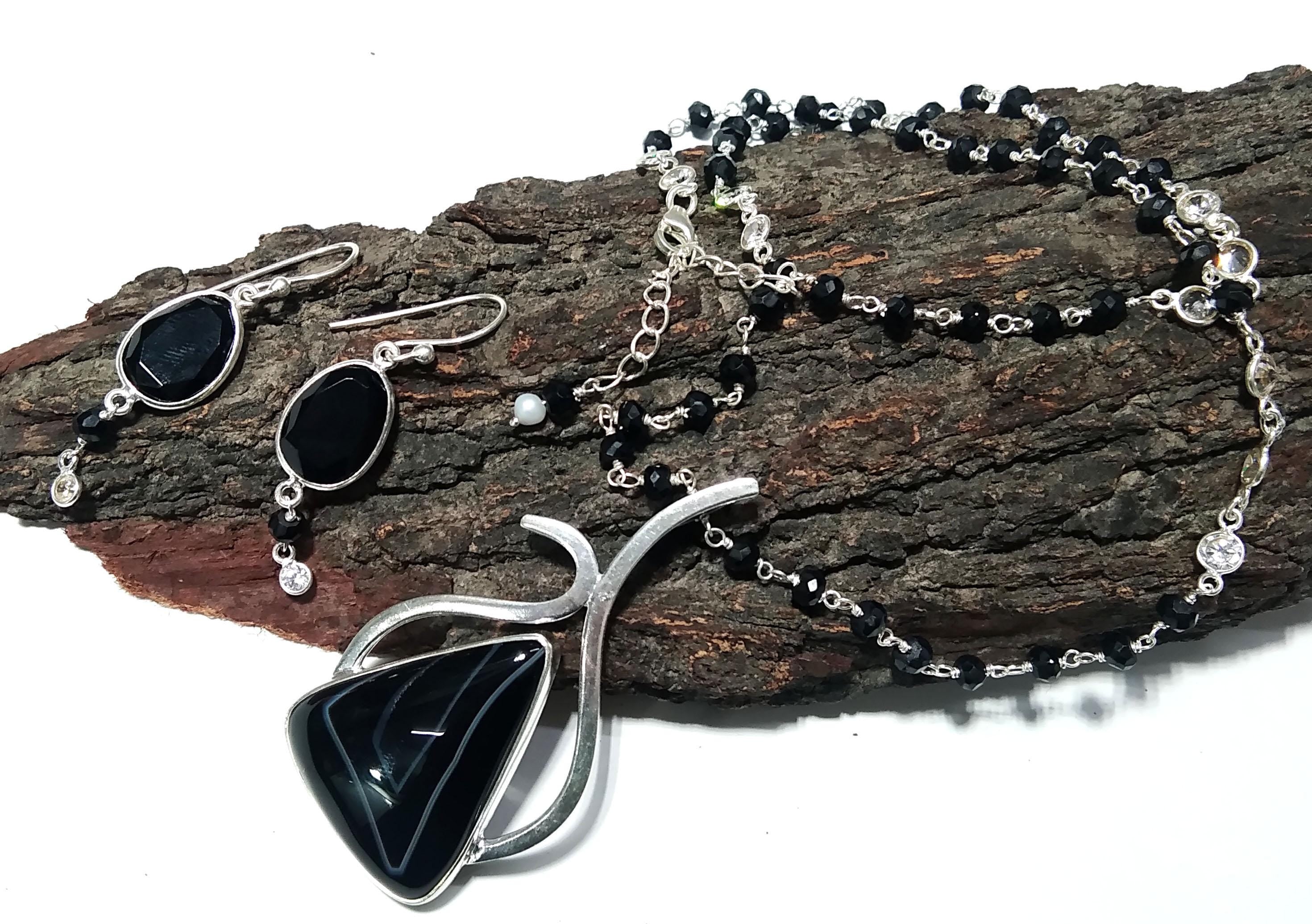 Black Banded Agate Necklace & Earring Set, Solid 925 Sterling Silver Necklace, Beautiful Design Necklace Jewelry Gift Birthstone